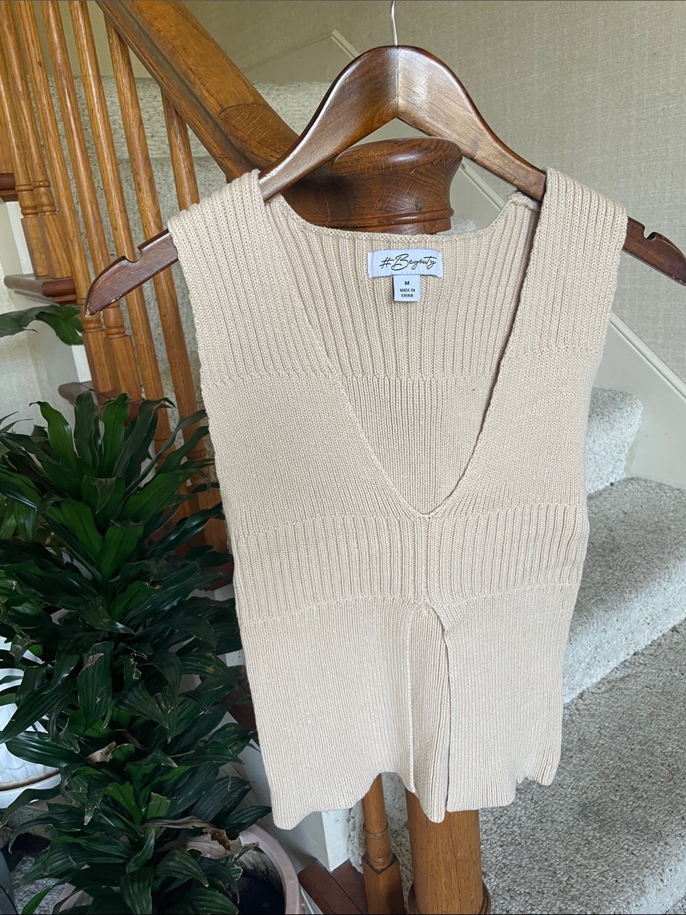 Beige Knit V-Neck Sweater Vest - Size M